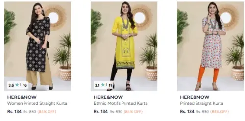 Image of HERE&NOW Women's Kurtas at Starting ₹134
