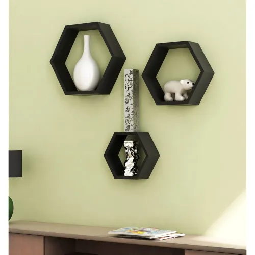 Image of Home Sparkle Wooden Hexagonal Shaped Wall Shelf Set of 3 | Decorative Shelves for Bed Room, Living Room, Office, Restaur