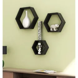 Home Sparkle Wooden Hexagonal Shaped Wall Shelf Set of 3 | Decorative Shelves for Bed Room, Living Room, Office, Restaur