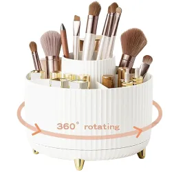 Hian 360° Rotating Makeup Brush Holder – White Cosmetic & Skincare Organizer for Vanity, Bathroom Countertop & Desktop –