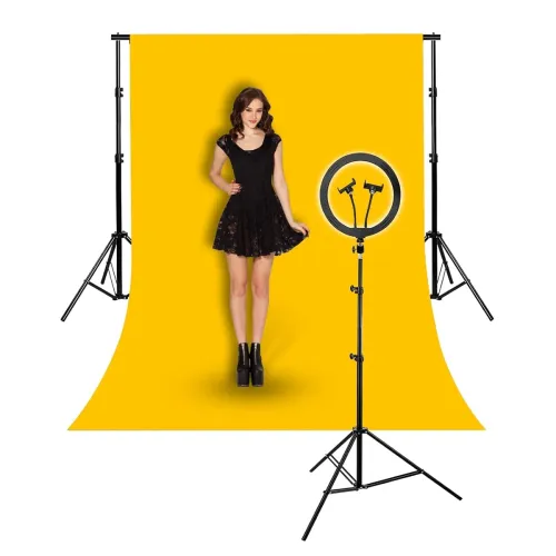 Image of HIFFIN Yellow Screen Backdrop with Stand 12 Inch Ring Light 2 Mobiles Clip Option 