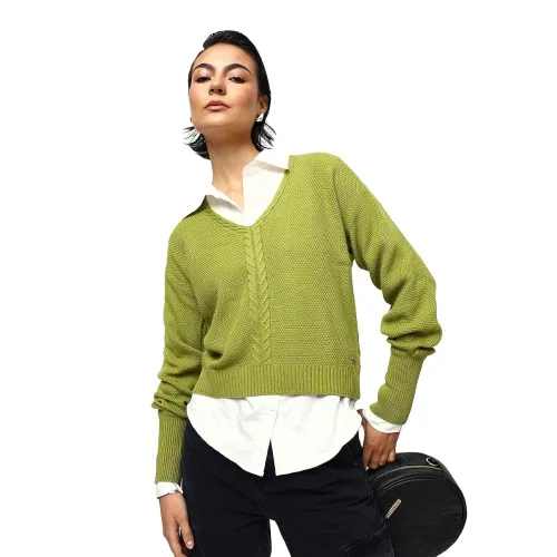 Image of High Star Women Knitted Acrylic Relaxed Fit V Neck Long Sleeve Sweaters