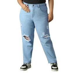 High Star Plus Size Women Cotton Washed Mom Fit High-Rise Jeans