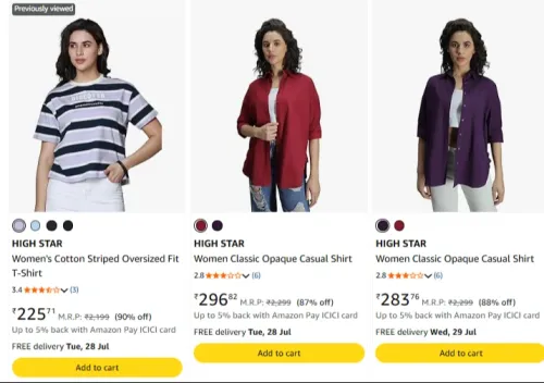 Image of HIGH STAR Women's Cotton T-Shirt Upto 90% OFF