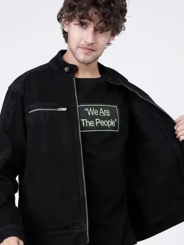 Image of HIGHLANDER Men Black Solid Denim Jacket