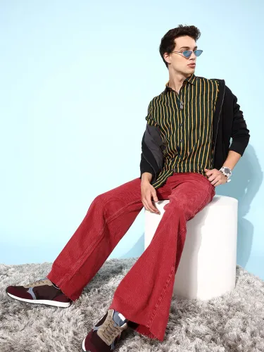 Image of HIGHLANDER Men Mustard Vertical Stripes Resort Wear Slim Fit Shirt