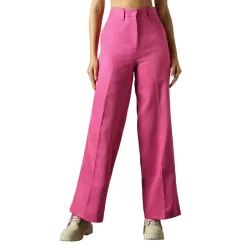 High Star Women High Rise Solid Regular Length Wide Leg Casual Trousers