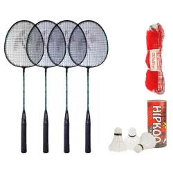 Hipkoo Sports Toofani Aluminum Badminton Complete Racquets Set | 4 Wide Body Racket, 3 Shuttlecocks and Net | Ideal for Beginner and Recreational | Lightweight and Sturdy (Red, Set of 4)