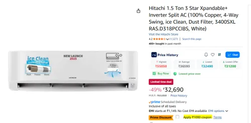 Image of Hitachi 1.5 Ton 3 Star Xpandable+ Inverter Split AC -Way Swing ice Clean Dust Filter