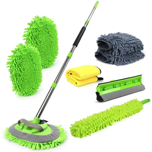 Image of HITJOY 62inch Car Duster Kit with Long Handle, Microfiber Car Duster Kit, Green Microfiber Mitts, Windshield, Duster, To