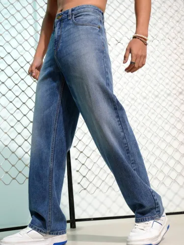 Image of HOKER Men Straight Fit Mid Rise Blue Jeans