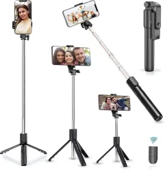 Hold up Wireless Remote Extendable tripod stand with Bluetooth Selfie Stick (Black, Remote Included)
