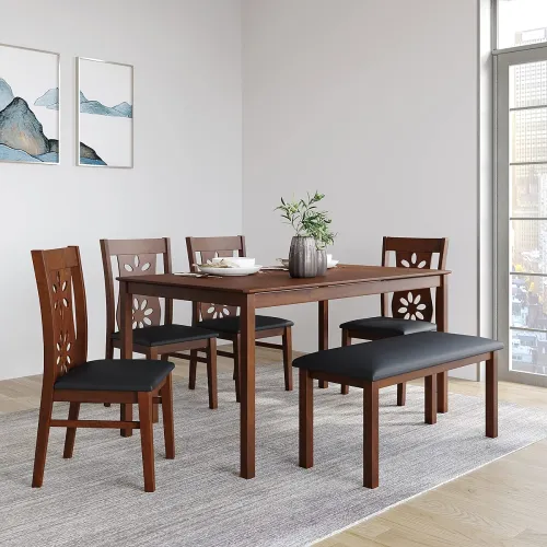 Image of @home By Nilkamal Rigel 6 Setaer Solid Wood Dining Set with Chairs & Bench in Dark Walnut Finish for Dining & Kitchen Ro