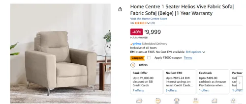 Image of Home Centre 1 Seater Helios Vive Fabric Sofa