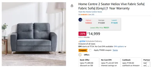 Image of Home Centre 2 Seater Helios Vive Fabric Sofa
