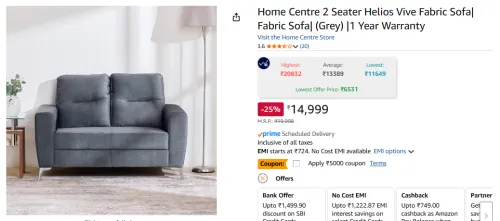 Image of Home Centre 2 Seater Helios Vive Fabric Sofa