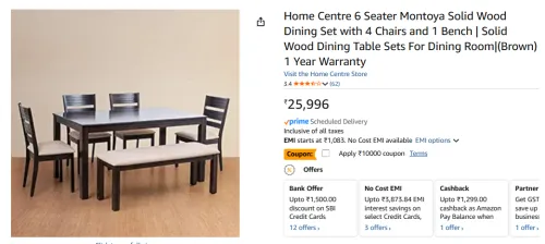 Image of Home Centre 6 Seater Montoya Solid Wood Dining Set with 4 Chairs and 1 Bench