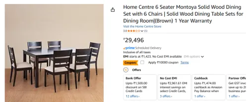 Image of Home Centre 6 Seater Montoya Solid Wood Dining Set with 6 Chairs