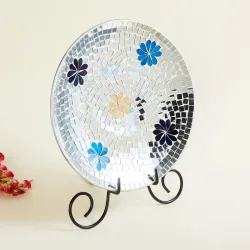 Home Centre Corsica Mosaic Silver Floral Glass Plate Table Accent with Stand