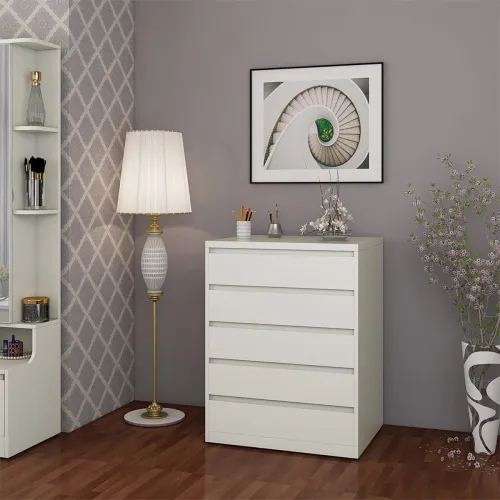 Image of Home Centre Engineered Wood Helios Reynan Cubby Chest of 5 Drawers - White, Matte