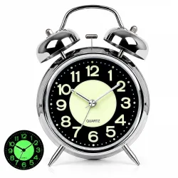 HOME SKILL® Analog Alarm Clock for Heavy Sleepers Loud Clock for Adults Classic Twin Bell - Super Loud, Non-Ticking Silent Quartz Movement, Backlight, Decor Bedroom/Office (Silver Luminous)