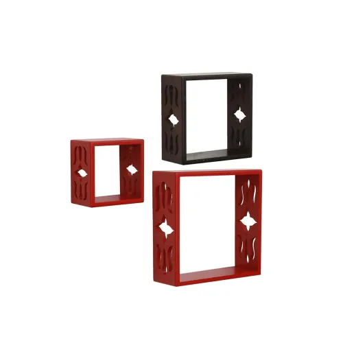 Image of Home Sparkle Set of 3 Cube Wall Shelves (Red and Brown)