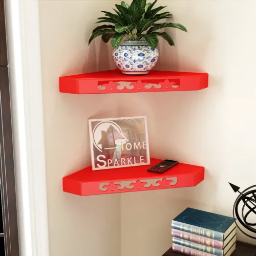 Image of Home Sparkle Set of 2 Corner Wall Shelves Engineered Wood (Red)