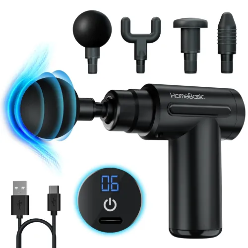Image of HOMEBASIC Muscle Mate Gun Massager For Full Body Pain Relief| 4 Massage Heads,6 Speeds| 3600mAh USB-C Rechargeable Batte