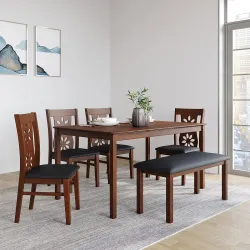 @home By Nilkamal Rigel 6 Setaer Solid Wood Dining Set with Chairs & Bench in Dark Walnut Finish for Dining & Kitchen Room