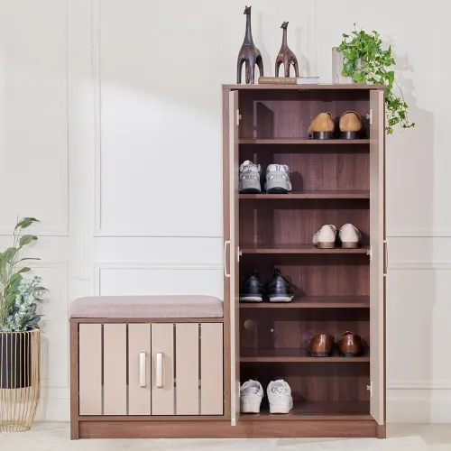 Image of Home Centre 14 Pairs Shoe Cabinet with Cushion Seat - Brown