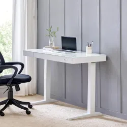 Home Centre | Trooper Tempered Glass Top Smart Study Desk | Study Table for Home Office | Metal | White | 1 Year Warranty