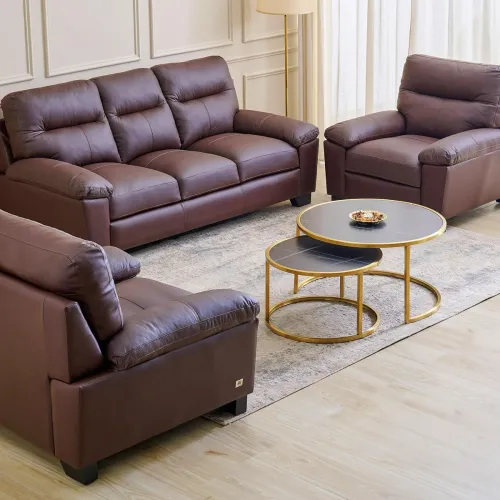 Image of Home Centre Winchester NXT 3+1+1 Half Leather Sofa Set (Brown, Solid Wood)