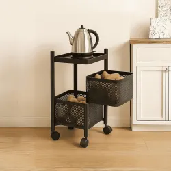 HomeGrits 2-Layer Revolving Square Storage Trolley – Black Metal Swinging Basket Rack with Wheels – Space-Saving Square 