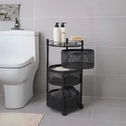 HomeGrits 3-Layer Round Storage Trolley – Black Metal Revolving Basket Rack with Wheels – Space-Saving Organizer for Kit