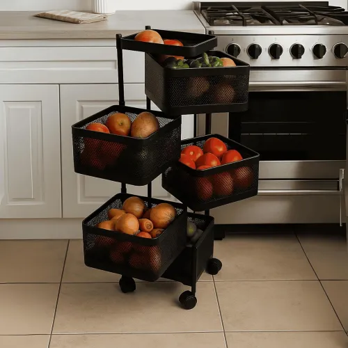 Image of HomeGrits 5-Layer Revolving Square Storage Trolley – Black Metal Swinging Basket Rack with Wheels – Space-Saving Square 