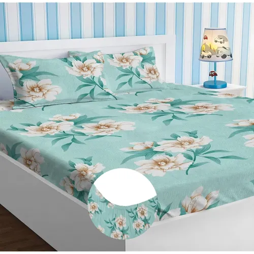 Image of HOMEKART Premium Cotton Elastic Fitted Bedsheets with 2 King Size Pillow Covers Double Bed with All Around Elastic Super