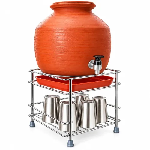 Image of Homeor Stainless Steel Round Surface Matka Stand for Water Pot with Tray
