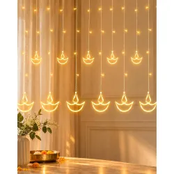 Homesake® 12 Diya Curtain Fairy String Led Diya Light with Plug in String Lights