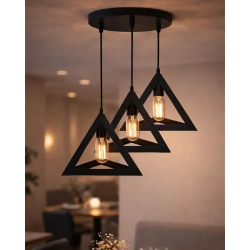 Image of Homesake® 3-Light Modern Geometric Triangle Pendant Ceiling Light | Black Metal Hanging Lamp with E27 Holder | Round Clu