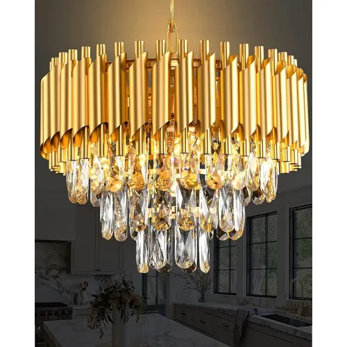 Image of Homesake® 15" 5-Light Modern Crystal Chandelier Light Fixtures 3-Tier Gold Luxury Chandeliers for Dining Room Round Hang