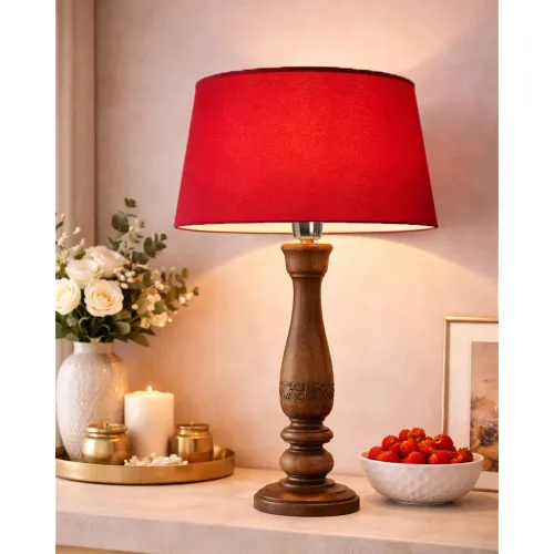 Image of Homesake® Handcrafted Wooden Table Lamp for Bedroom & Living Room | Decorative Bedside Reading Lamp with Fabric Shade, E