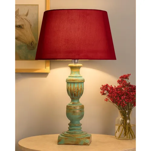 Image of Homesake Handcrafted Wooden Bedside Table Lamp (Rustic Algae Red, with Bulb)