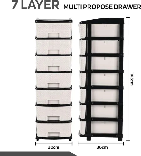 Image of HOMESTIC 7-Layer Multi-Purpose Plastic Drawer Storage Organiser | Black & White Plastic Free Standing Chest of Drawers (