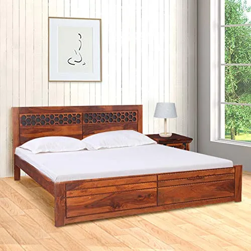 Image of HomeTown Amara Sheesham Wood(Rosewood) Queen Bed in Honey Colour
