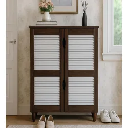 HomeTown Gayle 4 Door Wooden Shoe Rack | Engineered Wood Footwear Storage Cabinet | Holds Up to 18 Pairs | Shoe Organize
