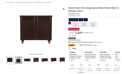 Image of HomeTown Kaira Engineered Wood Shoe Rack 