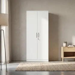 Hometown Willy Plus Engineered Wood Two Door Wardrobe for Bedroom, Hanging Space, Shelves & Lockable Drawer | White Colour