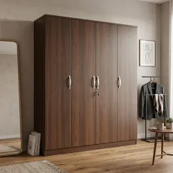Hometown Willy Plus Engineered Wood Four Door Wardrobe for Bedroom, Hanging Space, Shelves & Lockable Drawer | Walnut Colour (Walnut, 4 Door)