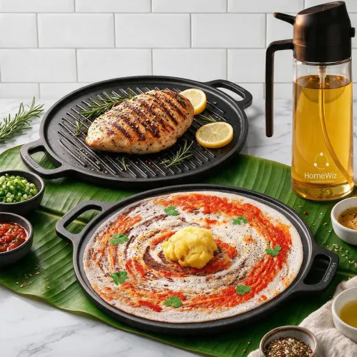 Image of HomeWiz 2-in-1 Cast Iron Non Stick Tawa & Grill Pan 30cm with 500ml Oil Dispenser