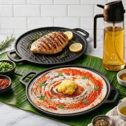 HomeWiz 2-in-1 Cast Iron Non Stick Tawa & Grill Pan 30cm with 500ml Oil Dispenser